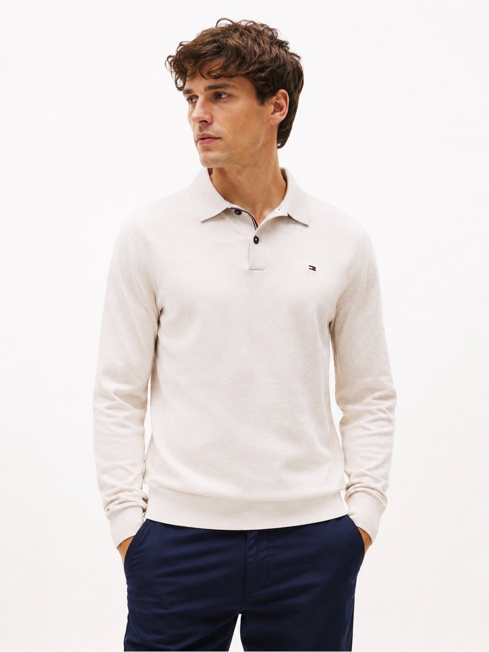 Tommy Hilfiger Slim Fit Men's Long-Sleeve Polo in Off-White